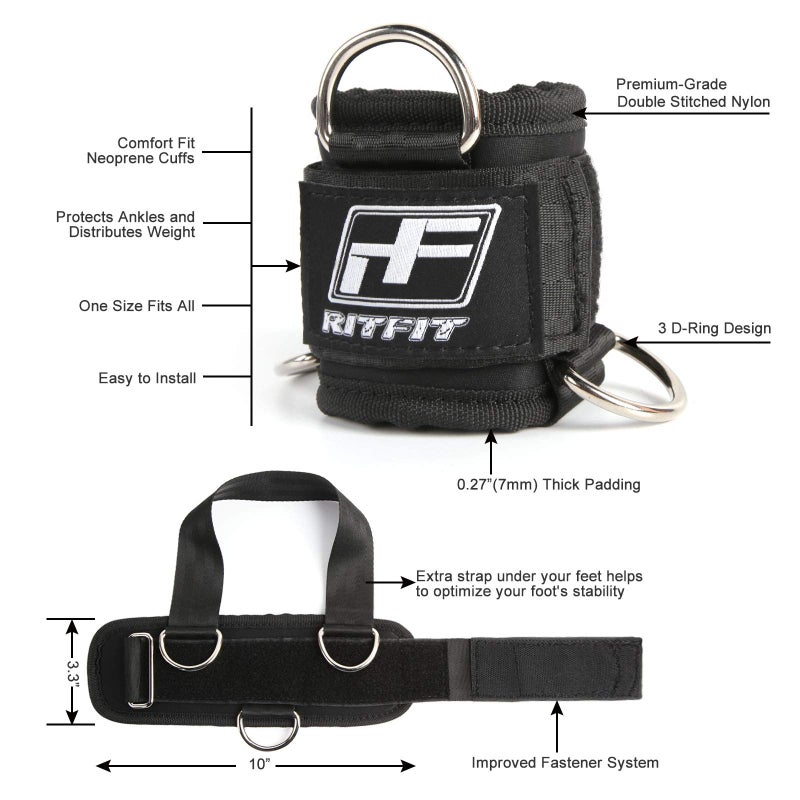 RitFit Kickback Ankle Straps Padded Ankle Strap for Cable Machine,Strong Hook and Loop,Reinforced 3 D-Ring, Adjustable Comfort fit Neoprene - Premium Ankle Cuffs to Enhance Abs, Glute & Leg Workouts - Image 3